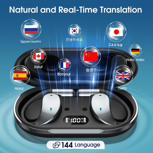 AI Translation Earbuds Real Time, 2025 Upgraded 6-in-1 Instant Translator with 144 Online & 11 Offline Languages, Voice/Video Call, Wireless OWS Translating Earbuds for Business Travel Learning