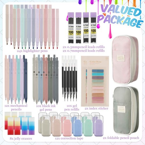 Motipuns 84 Pcs Aesthetic School Supplies, 2 Large Pen Cases, 10 Black Ink Gel Pens, 24 Pastel Highlighters, 12 Mechanical Pencils with 0.5 and 0.7mm Pencil Lead for Back to School Students Essentials