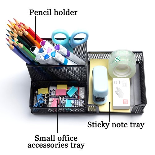 EMIZIU 4 Pieces Mesh Pen Holder Desk Organizers and Accessories for Deskop Organizer,3 Compartments Black Pencil Holder for Office Supplies,Gifts for Colleague
