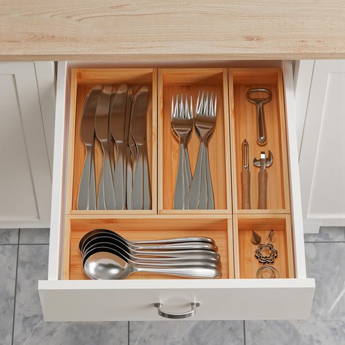 HUCINIUN Bamboo Drawer Organizer Set, 5 PCS Wooden Storage Trays for Kitchen, Bathroom, Office, Makeup