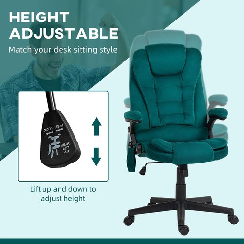 HOMCOM 6 Point Vibrating Massage Office Chair with Heat, Velvet High Back Executive Office Chair with Reclining Backrest, Padded Armrests and Remote, Dark Green