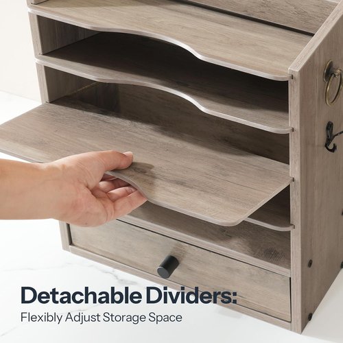 HOOBRO Wall File Organizer - Stylish Wooden Mail Sorter with Drawer Storage & Hooks | Greige Finish