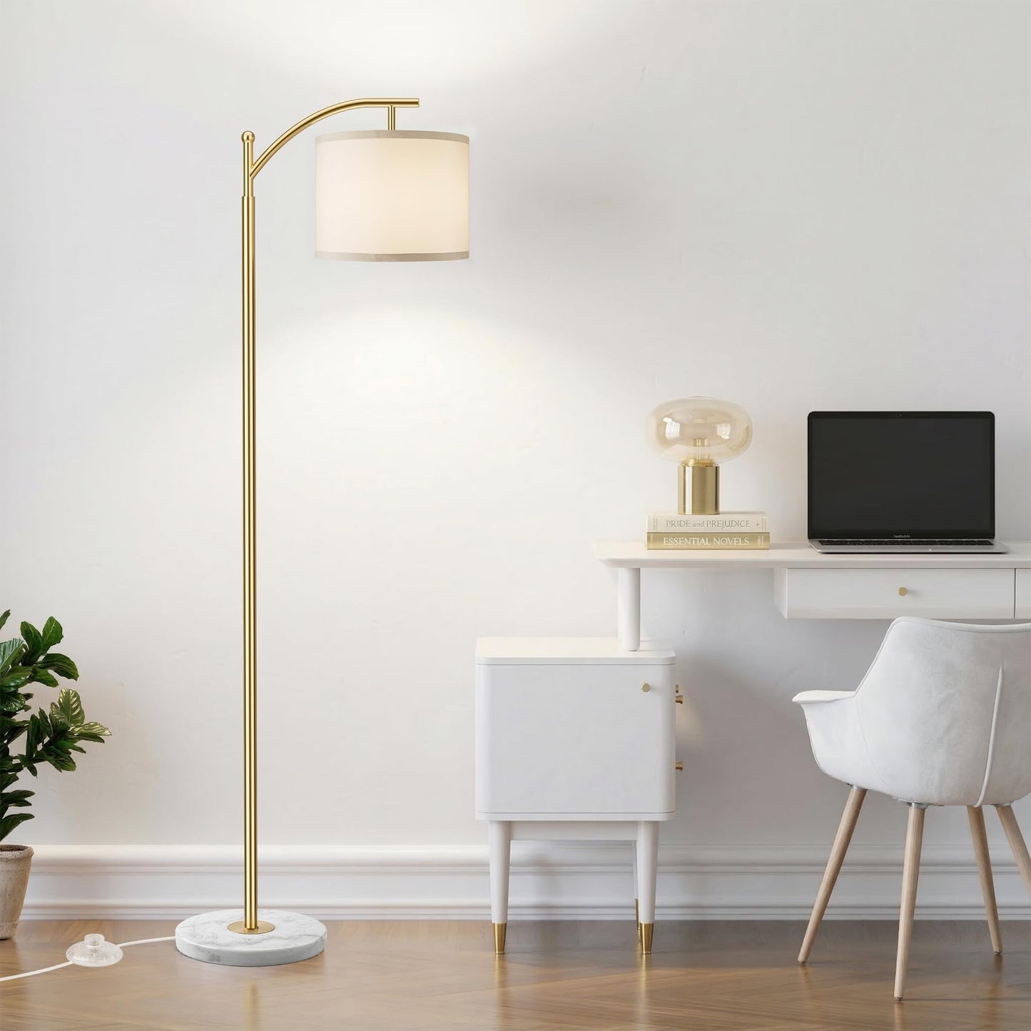ROTTOGOON Gold Floor Lamp for Living Room with Marble Base, Modern Standing Lamp with 3 Color Temperatures Bulb & Adjustable Linen Shade, Tall Lamp for Bedroom Office Reading Nursery
