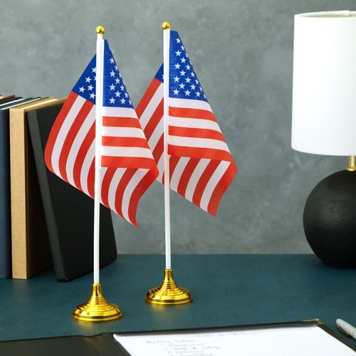12-Pack Mini American Flags with Stand Base for Desk, Veterans - Small Miniature USA Desktop Centerpiece for Patriotic Home Office Table Party Decorations