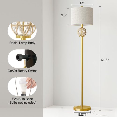 Oneach 61.5” Modern Floor Lamp for Living Room, Gold Boho Standing Lamp with Rattan Glass Design, Rotary Switch, Farmhouse Tall Lamps for Bedroom Office Dining Room (Without Bulb)