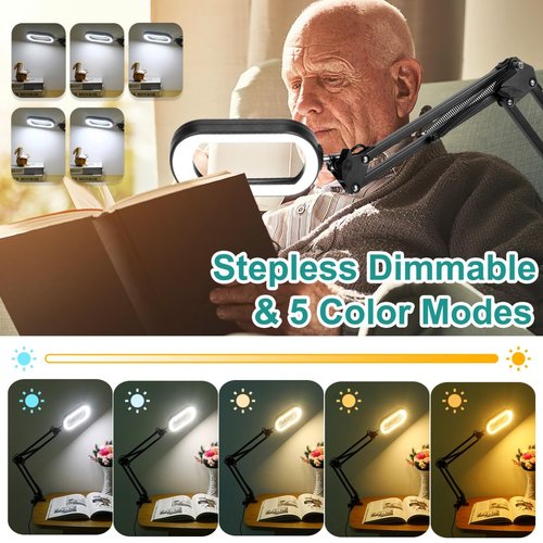 IVMAIE 10X Rectangle Magnifying Glass with Light, 5 Color Modes Stepless Dimmable Magnifier with Stand, LED Lighted Clamp Desk Lamp with Swing Arm, Hands Free for Reading Painting Crafts Close Work