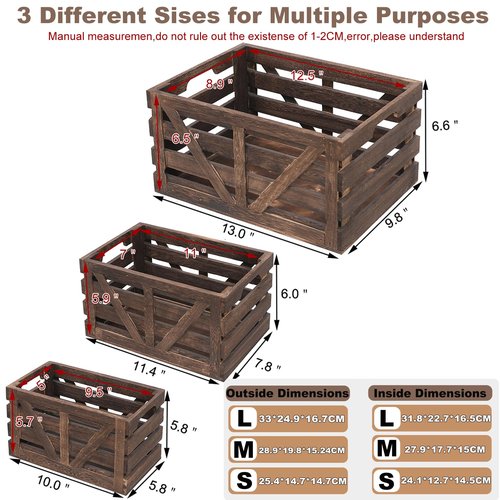 LYDWOO8D Storage Crate Decorative Wood Crates Wooden Storage Container,Wooden Boxes for Home Nested Crates with Handles,Farmhouse Wood Crates for Storage,Display,Brown Set of 3(Large,Medium,Small)