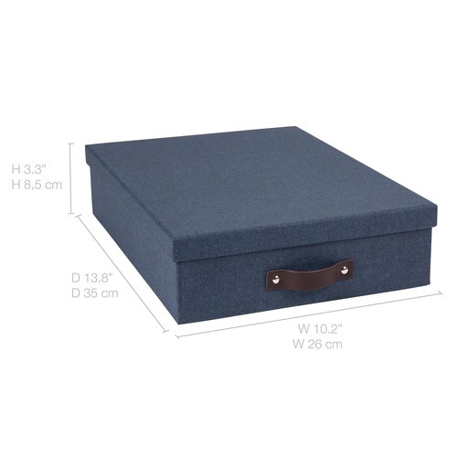Bigso Oskar Canvas Fiberboard Document Letter Box - File Organizer Box for Important Paperwork - Document Storage with a Lid & Leather Handle - 3.3 in x 10.2 in x 13.8 in - Blue