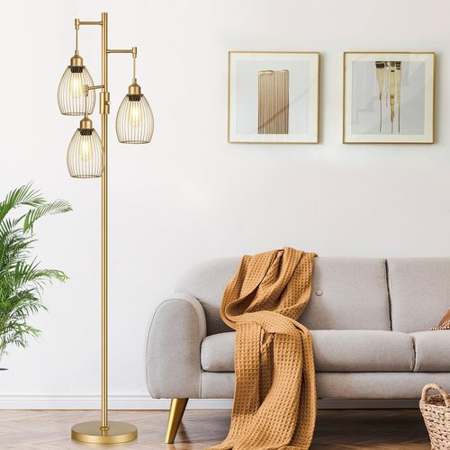 Dimmable Industrial Floor Lamps for Living Room, Gold Tree Standing Tall Lamps with 3 Elegant Teardrop Cage Head & 800 Lumens LED Bulbs for Bedroom Office