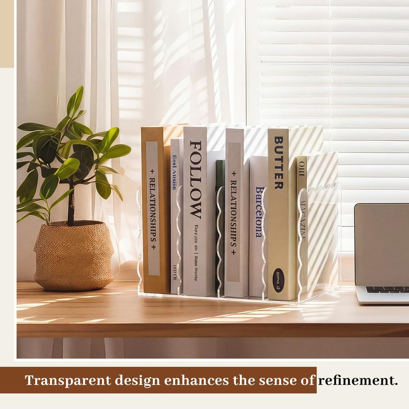 AmazingSpark 1 Pcs Scalloped Acrylic Book Holder for Desk with 4 Compartments 11.22 x 7.28 x 6.5 Inches Clear Acrylic Magazine Organizer Storage Mail Sorter with Wave Edge Design for Office Home
