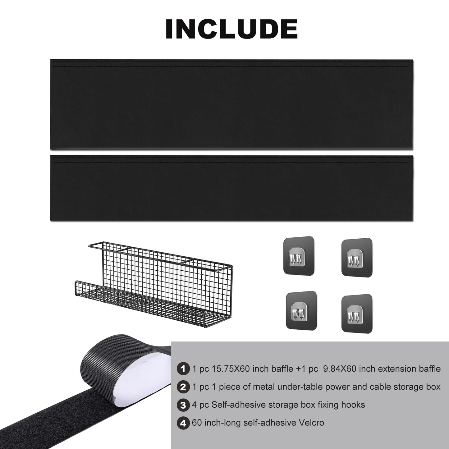 KUMETENESS Under Desk Privacy Panel & Cable Management, Desk Cover Skirt & Modesty Panel, Self-Gripping Straps for Office & Home, 15.75x60 Inch (Widenable to 25.59x60 Inch)