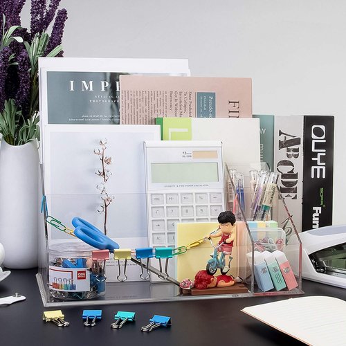YestBuy Acrylic Desk Organizer, Clear Desk Paper Tray Organizer with Sorter, Vanity Makeup Organizer, Clear Cosmetic eyeshadow palette Holder Perfect for Home and Office