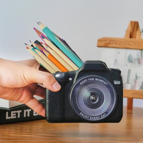 Camera Pen Pencil Holder Desk-Decor - Bookend Shelf Decor Makeup Brush Holder, Aesthetic Desk Accessories Supplies Holders Organizer for Office Stationary Birthday Anniversaries Graduation Gift