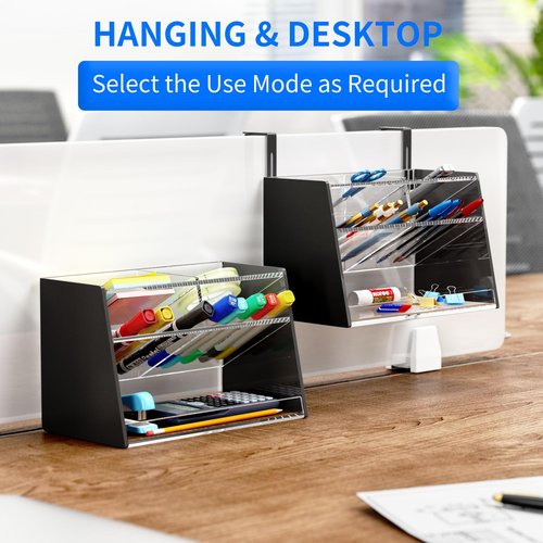 NIUBEE Acrylic Pen Holder Hanging: Wall Pencil Holder for Desk - Desk Organizer For Office - Adjustable Desk Organizers and Accessories with 5 Compartments No Drilling