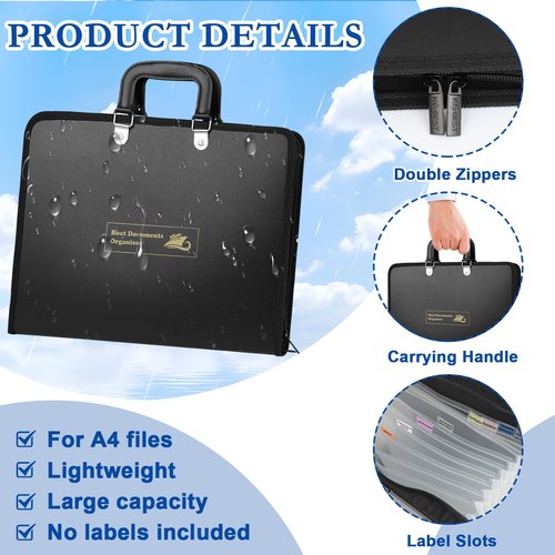 14" x 10" Boat Documents Organizer with Zipper Important Document Organizer 13 Pocket Dry Bag for Boat Documents Binder Black Waterproof File Storage Case with Handle for Registration Letter A4 Files