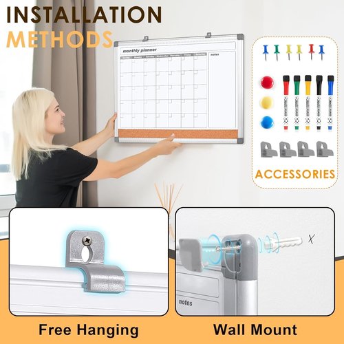 MAKELLO Dry Erase Calendar - Large 36" x 24" Wall Whiteboard with Cork Board for Home & Office