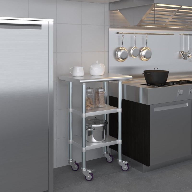 AmGood Stainless Steel Work Table with 2 Shelves and Casters | Metal Utility Table On Wheels (Stainless Steel Work Table with 2 Shelves + Casters, 24" Long x 18" Deep)