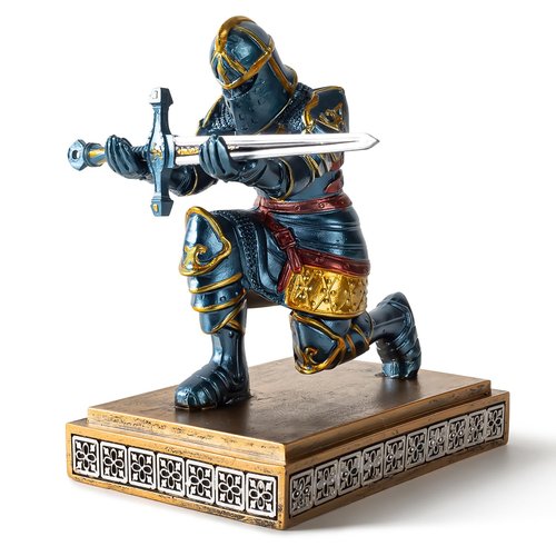 MACLARONX Kneeling Knight Pen Holder with Sword Medieval Warrior Fancy Pencil Stand for Office Desk Home Decor for Men Father Husband Armor Soldier Statue