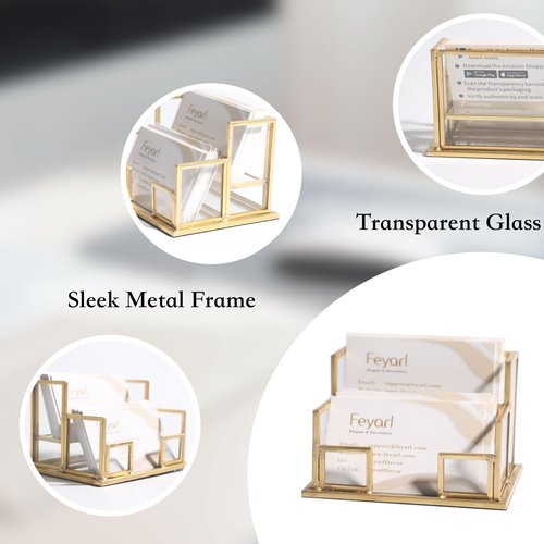 Feyarl Gold Glass Business Card Holder Business Name Card Display Stand Gift Cards Organizer Storage for Office Desktop Meeting Exhibition Reception (2 Slots)