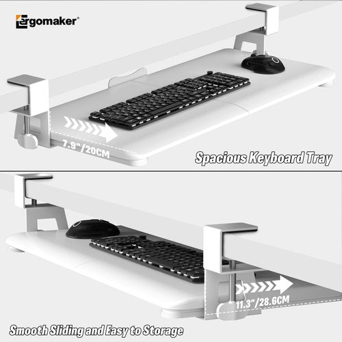 Keyboard Tray Under Desk, Pull Out Keyboard Tray with C Clamp Mount, 25.6" (29.7" Including Clamps) x 11.8" Slide-Out Platform Computer Drawer for Typing, Keyboard & Mouse Tray, White