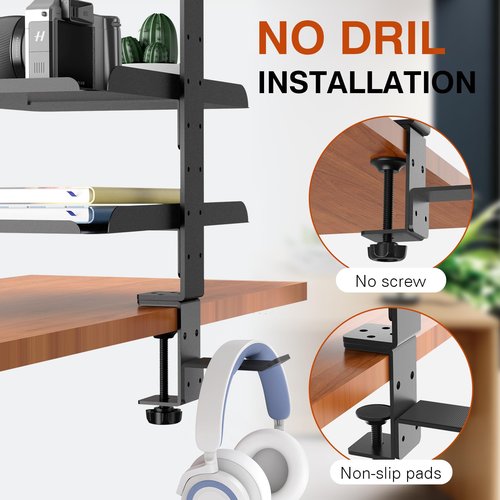 ONDAIUN 3 Tier Clamp On Desk Shelf - Over Or Under Table Clamp,with Adjustable Metal Storage Tray Headphone Stand with No Drill Installation, for Home Office, Gaming Devices,Storage Tray,and More