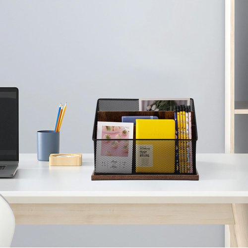 ASIFMTHOT 3-Tier Vertical File Storage with Retro Wooden Desk Mail Organizer and Metal Mesh Desktop Organizer for Home Office