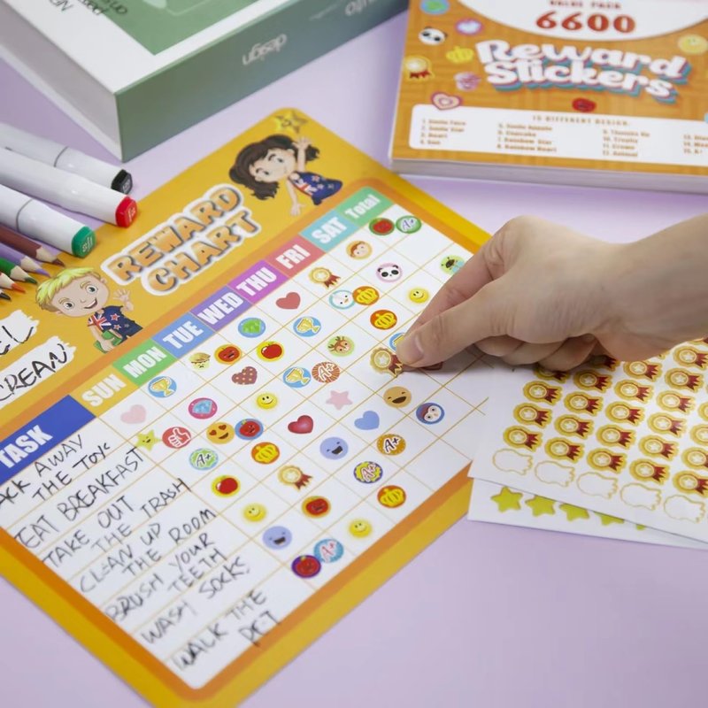 Student Reward Stickers,Teacher Essentials, Teacher Supplies,6600PCS Incentive Stickers,75 Sheets of 15 Different Incentive Stickers,Star Stickers, Star Shaped Stickers (Coloration-1)