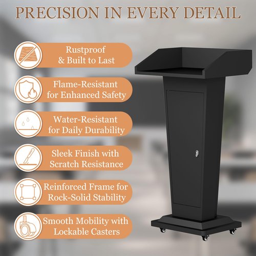 BERPET Podium Stand with 4 Locking Wheels, Heavy-Duty Metal Lectern for Church, School, Office, and Conference, Large Lockable Storage Cabinet, 43.7" H, Black