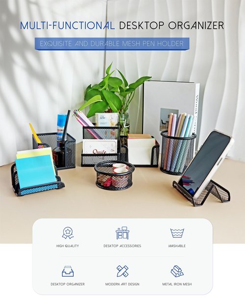 GAUENEEN Desk Organizer Set, 6 Piece Mesh Office Accessories, Pen Holder, Phone Stand, Clip Holder, Desktop Storage Set, Black
