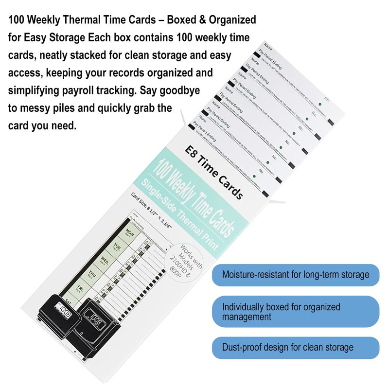 300 E8 Thermal Time Cards, Compatible with Lathem 2100HD & 800P Time Clocks Single-Sided with Named Days E8 Thermal Print Timesheets