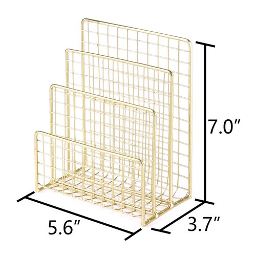 Geiornzer 3 Slots Letter Holder, Metal Multifunctional File Holder for Mails, Books, Brochures and Postcards, Desktop Office Organizer Decoration, 5.6” x 3.7” x 7.0”, Gold