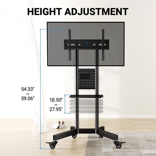 PERLESMITH Rolling TV Stand with Pegboard Storage for 32-85 Inch TVs Holds up to 132 Lbs, Height Adjustable Mobile TV Stand with Laptop Shelf, Portable tv Stand for 4K TVs Max VESA 600x400mm PSTVMC01