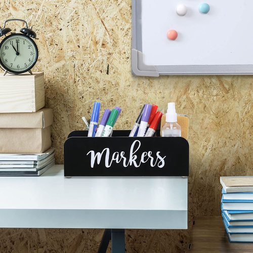 MyGift Whiteboard Marker Holder, Black Acrylic Wall Mounted or Tabletop Dry Erase Marker/Eraser/Cleaner Caddy with Cursive MARKERS Label