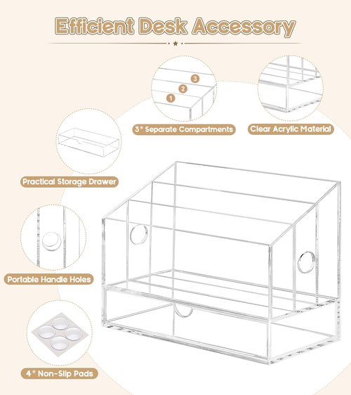 HOMEBROS Acrylic Desk Organizer, Clear Countertop File Organizer with Drawer, Office Mail Document Paper Sorter, 3 Compartments, Smalll