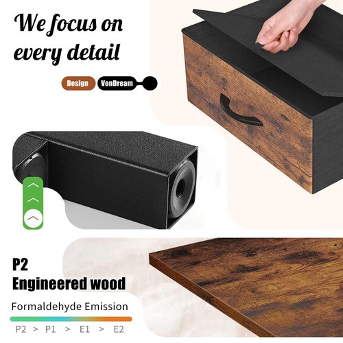 VonDream Vinyl Record Storage with Drawer, Vinyl Record Box Case Crate, Desktop Metal & Wooden LP Record Crate, Holds up to 60 Records (Antique)