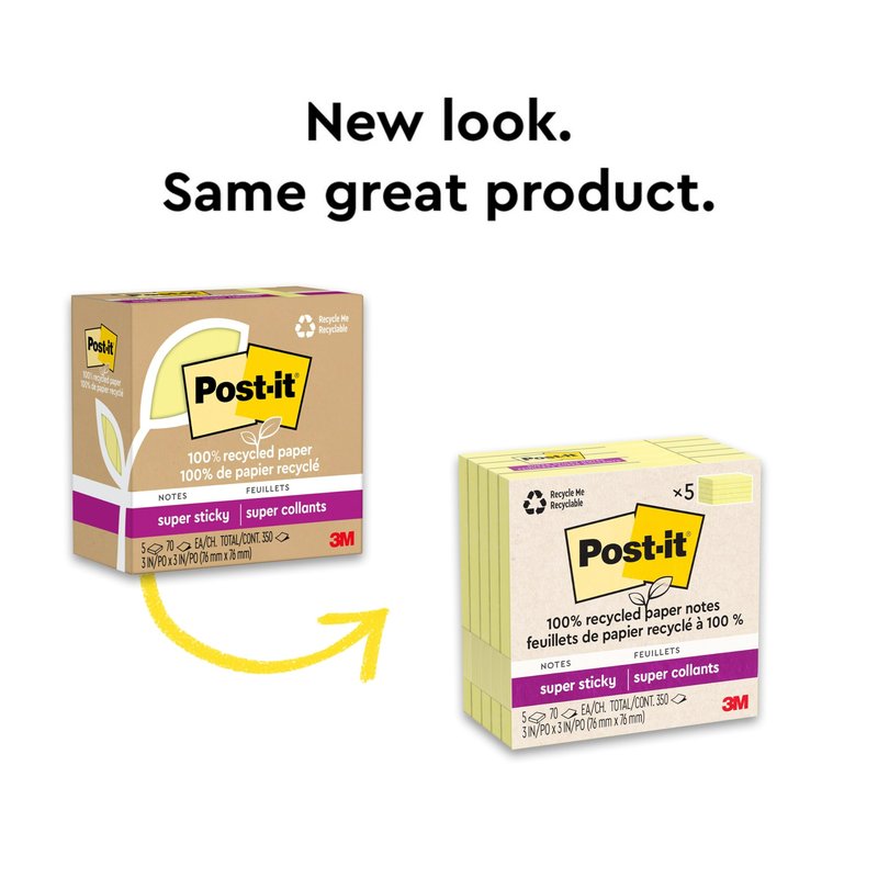 Post-it 100% Recycled Paper Super Sticky Notes, Canary Yellow, 3 in. x 3 in., 5 Sticky Note Pads, 70 Sheets per Pad, Back to School Supplies and Office Products
