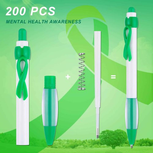 Yexiya 200 Pcs Mental Health Awareness Retractable Pen Green Ribbon Liver Cancer Kidney Disease Awareness Black Ink Ballpoint Pen Bulk with Individual Packed for Charity Volunteers Activities Supply