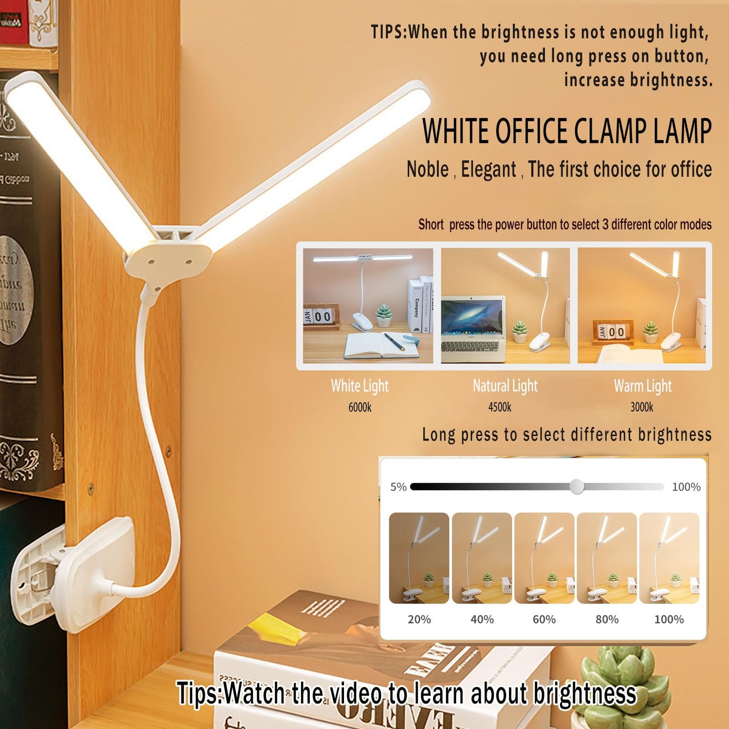 GcSige Dual Head LED Desk Lamp with Clamp, Eye-Caring Clip on Lights for Home Office, 4000mAh Rechargeable Battery Operated Table Lamps,3 Lighting Modes & Brightness Dimmer Light for Students (4000)