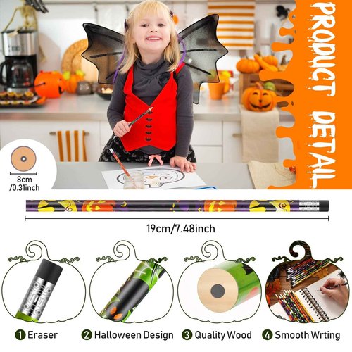Hicarer 400 Pcs Halloween Pencils Bulk, Cute Wooden Pencils with Eraser Various Assorted Patterns Holiday Stationery Pumpkin Ghost Black Cat Halloween Party Favors Kids Office School Supplies