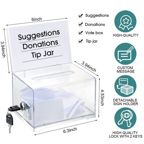 Chunful 6 Pcs Acrylic Donation Box with Lock and Sign Holder Clear Ballot Donation Boxes with Slot for Fundraising Suggestion Box Storage Container for Voting, Raffle Bowl, Tip Jar