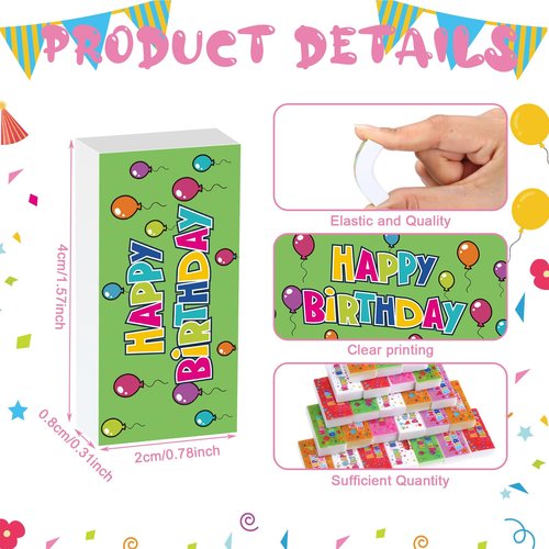 Dunzoom 100 Pcs Happy Birthday Erasers Bulk Mini Erasers for Classroom Fun Assortment Birthday Gifts for Back to School Teacher Reward Party Supplies, 8 Styles, 1.6 Inch