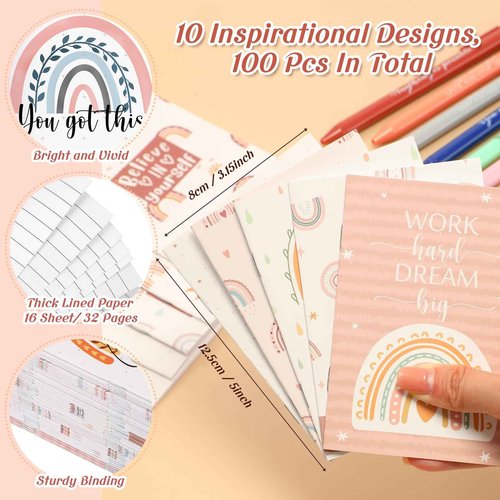 Colarr 200 Pcs/100 Sets Christmas Positive Affirmation Gifts Inspirational Mini Rainbow Notebook with Pen Employee Appreciation Gifts Bulk for Women Men Coworkers School Prizes Office Supplies