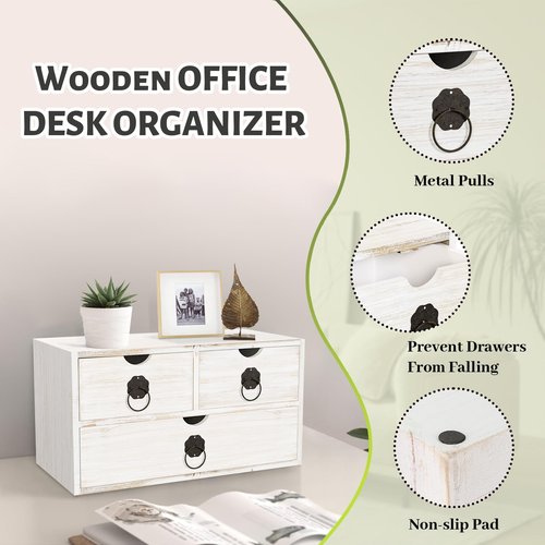 SeekElegant Wood Desk Organizer with Drawer, White Wooden Desktop Organizer, Tabletop Storage Organization Box for Countertop, Home Office Supplies (3 Drawer)
