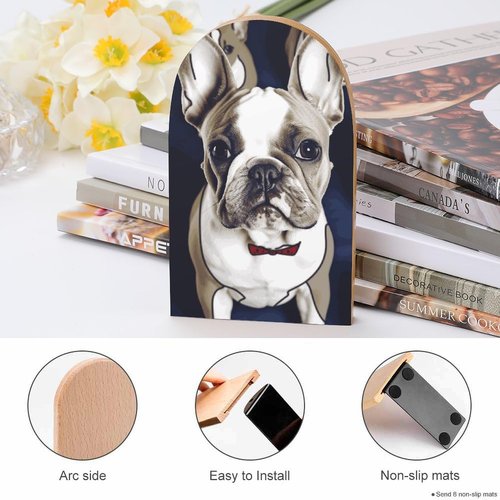 Cute French Bulldog Wood Bookends Heavy Duty and Sturdy Bookends for Shelves Non-Skid Book Stopper for Home Books DVDs Decorative CD Holder Video Game Organizer
