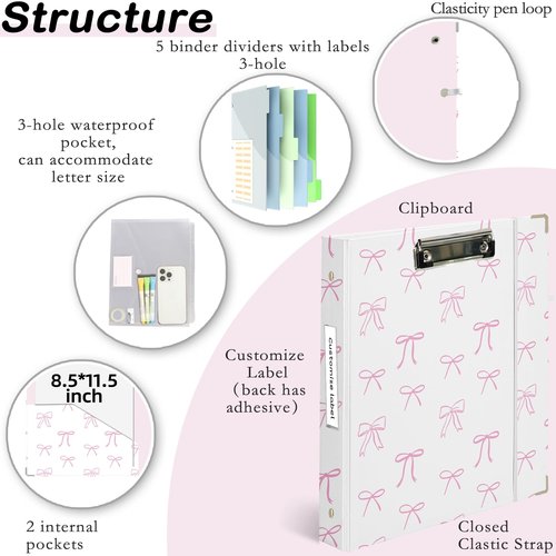 Etzul 3 Ring Binder 1 inch with Clipboard - White & Pink Bow Design, Includes Dividers, File Bag & Spine Label - Classic and Elegant for School or Work, Holographic Waterproof Film
