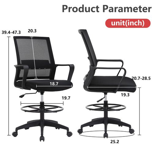 Drafting Chair Tall Office Chair Adjustable Swivel Rolling Mesh Height with Lumbar Support Arms Footrest Mid Back for Adults Standing Desk Drafting Stool (Black)