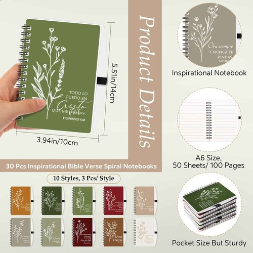 Kosiz 30 Sets Spanish Christian Gifts Christmas Bible Verse Pocket Spiral Notebooks Inspirational Small Journal and Pens for Fall Thanksgiving(Christmas Colors,Boho Flower)