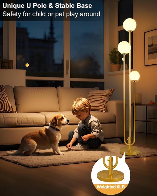 Lightdot 63-Inch Gold Floor Lamp - Dimmable 3-Light Globe LED Design | Soft Warm White for Living Room & Bedroom Decor