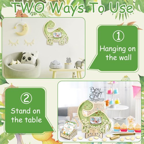 Wenqik 63 Pcs Baby Shower Guest Book Alternatives Set Baby Shower Decorations with Photo Frame Sonogram Frame Keepsake 60 Wood Slices Guest Book for Birthday(Dinosaur)
