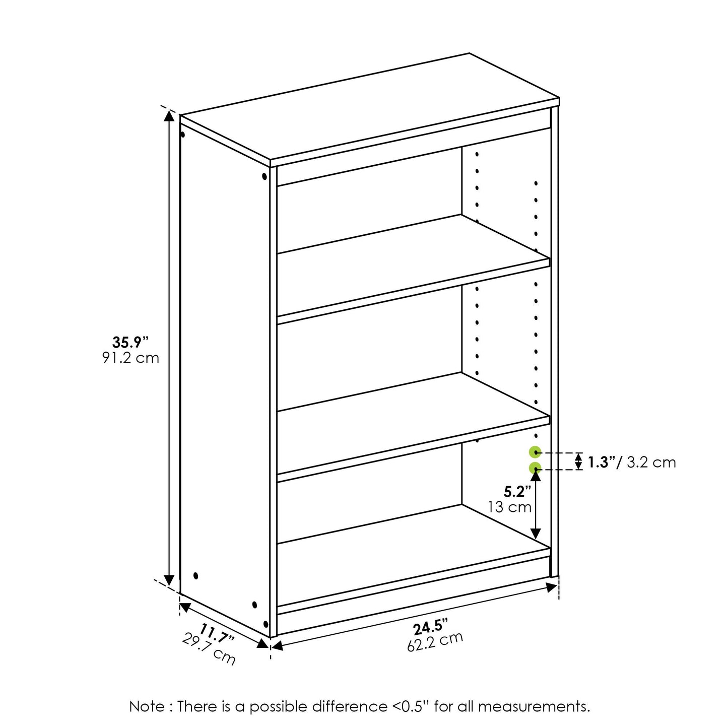 Furinno Gruen Book Shelf, 3-Tier Book Shelf, Bookcase with Adjustable Shelves, 11.7 x 24.5 x 35.9, for Organization and Storage, for Living Room, Bedroom, Home Office, Espresso